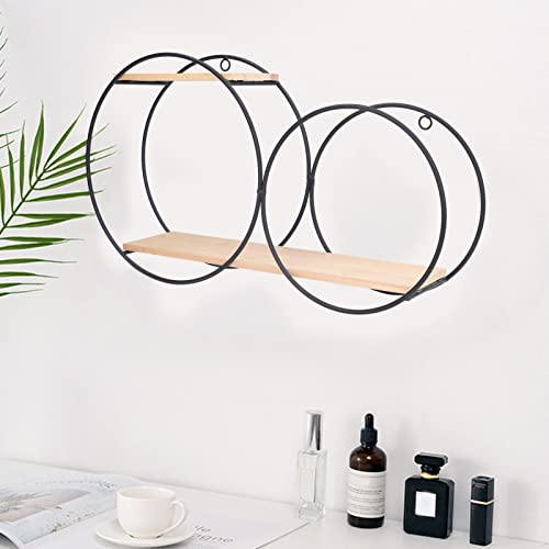 Fonzci 2 in 1 Round Wood Shelf, Unique Metal Geometric Wall Shelves Strong Load Bearing Capacity Black Round Floating Shelves, Hanging Storage Wall Decoration