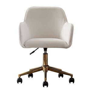 modern velvet home office chair, upholstered cute desk chair with gold metal legs, adjustable swivel task chair with wheels, vanity chair for girls women small space bedroom study makeup, ivory white