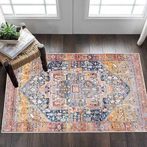 famibay vintage boho 2×3 rug dirty trapper door mat indoor entrance small boho area rug non slip low pile throw rugs with rubber backing washable rugs for front door entryway kitchen bathroom-rust