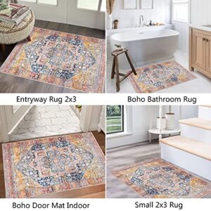 famibay Vintage Boho 2x3 Rug Dirty Trapper Door Mat Indoor Entrance Small Boho Area Rug Non Slip Low Pile Throw Rugs with Rubber Backing Washable Rugs for Front Door Entryway Kitchen Bathroom-Rust