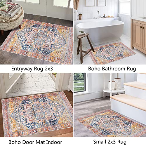 famibay Vintage Boho 2x3 Rug Dirty Trapper Door Mat Indoor Entrance Small Boho Area Rug Non Slip Low Pile Throw Rugs with Rubber Backing Washable Rugs for Front Door Entryway Kitchen Bathroom-Rust