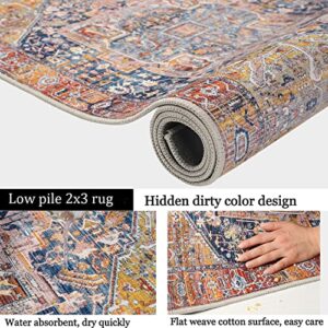 famibay Vintage Boho 2x3 Rug Dirty Trapper Door Mat Indoor Entrance Small Boho Area Rug Non Slip Low Pile Throw Rugs with Rubber Backing Washable Rugs for Front Door Entryway Kitchen Bathroom-Rust