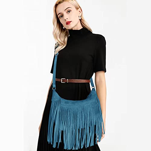 Vintage Tassel Crossbody Bag Premium Vegan Suede Saddle Purse Fringe Shoulder Bag for Women Girls (Turquoise)