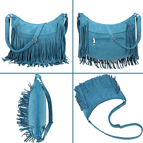 Vintage Tassel Crossbody Bag Premium Vegan Suede Saddle Purse Fringe Shoulder Bag for Women Girls (Turquoise)