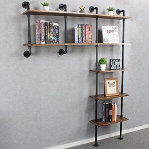 mbqq 5-tiers industrial pipe shelving,59inch rustic wooden&metal floating shelves,home decor shelves wall mount,real wood book shelves,wall shelf unit bookshelf,wall shelf for office organizer,brown