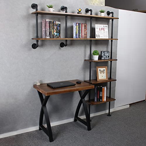 MBQQ 5-Tiers Industrial Pipe Shelving,59inch Rustic Wooden&Metal Floating Shelves,Home Decor Shelves Wall Mount,Real Wood Book Shelves,Wall Shelf Unit Bookshelf,Wall Shelf for Office Organizer,Brown