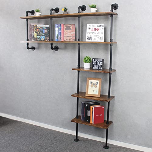 MBQQ 5-Tiers Industrial Pipe Shelving,59inch Rustic Wooden&Metal Floating Shelves,Home Decor Shelves Wall Mount,Real Wood Book Shelves,Wall Shelf Unit Bookshelf,Wall Shelf for Office Organizer,Brown