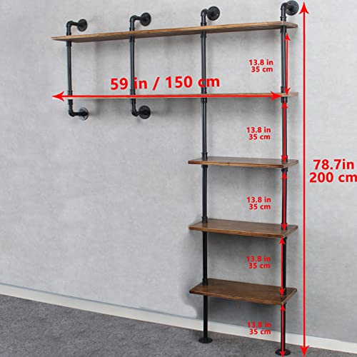 MBQQ 5-Tiers Industrial Pipe Shelving,59inch Rustic Wooden&Metal Floating Shelves,Home Decor Shelves Wall Mount,Real Wood Book Shelves,Wall Shelf Unit Bookshelf,Wall Shelf for Office Organizer,Brown