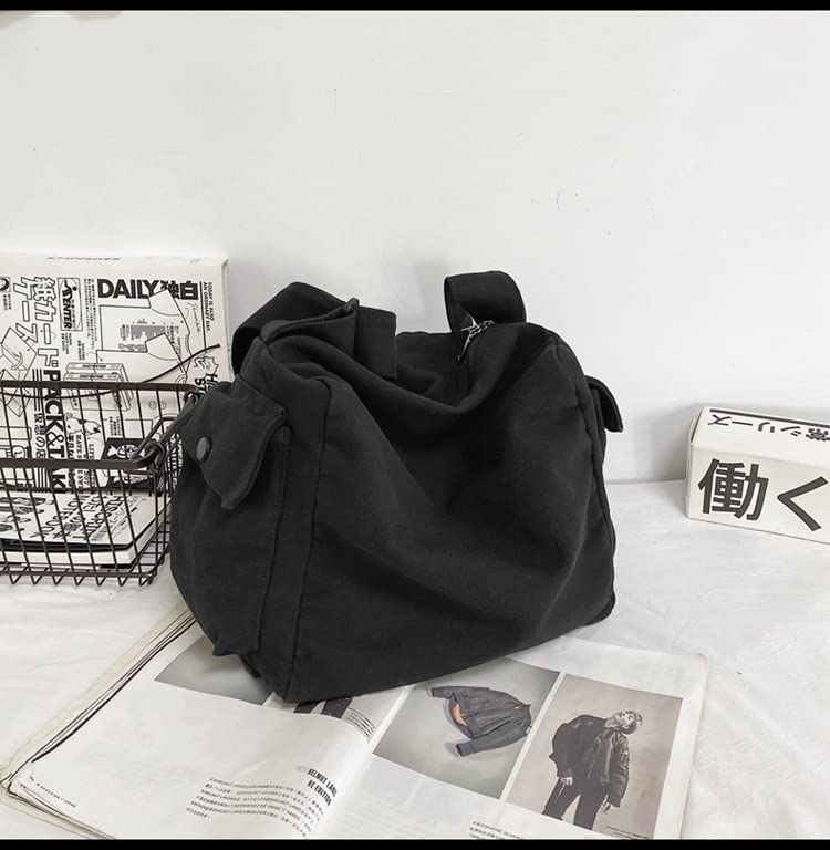 Retro Y2K Canvas Shoulder Bag, Large Capacity Hobo Crossbody Shoulder Bag, Aesthetic Handbag Fairy Grunge Tote Bag (Black)
