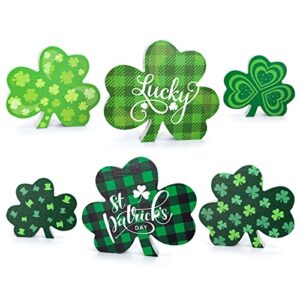 whaline 3pcs st. patrick’s day wooden signs green plaid shamrock table ornament lucky clover double-side print table centerpieces irish holiday table centerpieces for home fireplace tiered tray decor