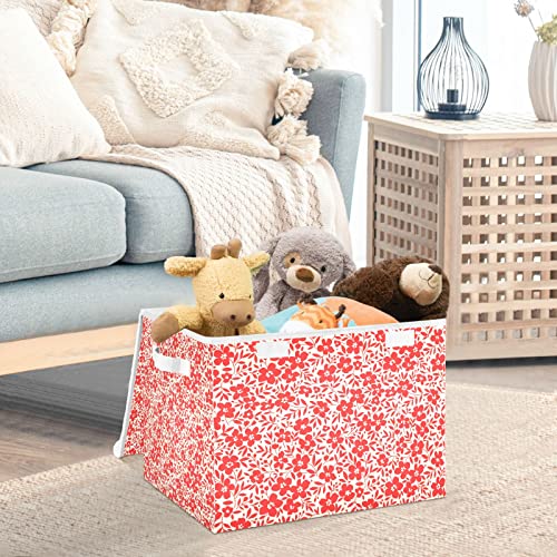 Kigai Small Red Flowers Storage Basket with Lid Collapsible Storage Bin Fabric Box Closet Organizer for Home Bedroom Office 1 Pack