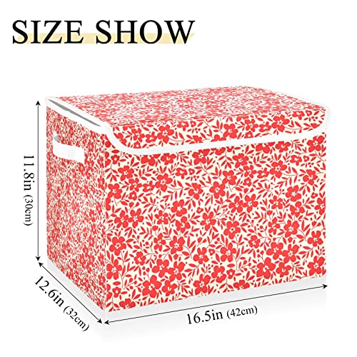 Kigai Small Red Flowers Storage Basket with Lid Collapsible Storage Bin Fabric Box Closet Organizer for Home Bedroom Office 1 Pack