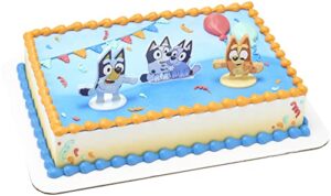 decoset® bluey dance mode cake toppers, 3 piece cake decoration with bluey and bingo figurines and muffin & socks poly pic, for birthday, parties, celebration