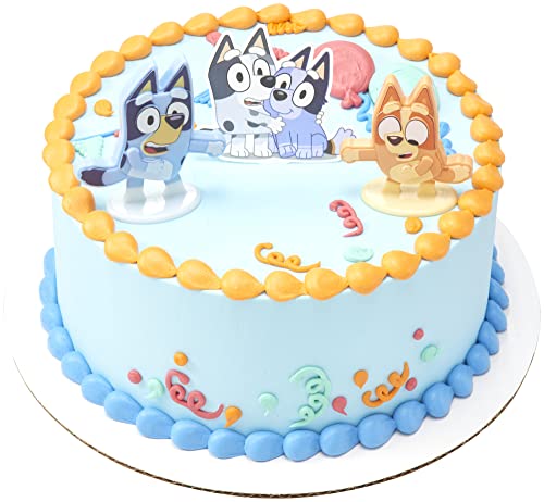 DecoSet® Bluey Dance Mode Cake Toppers, 3 Piece Cake Decoration With Bluey And Bingo Figurines and Muffin & Socks Poly Pic, For Birthday, Parties, Celebration