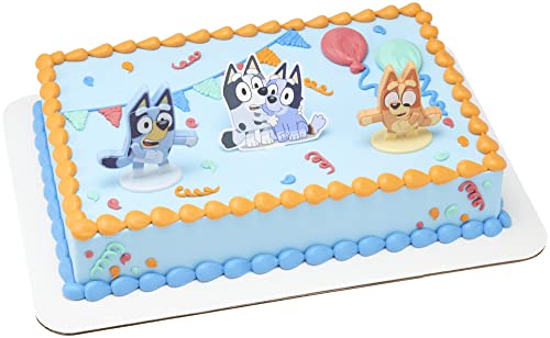 DecoSet® Bluey Dance Mode Cake Toppers, 3 Piece Cake Decoration With Bluey And Bingo Figurines and Muffin & Socks Poly Pic, For Birthday, Parties, Celebration