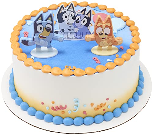 DecoSet® Bluey Dance Mode Cake Toppers, 3 Piece Cake Decoration With Bluey And Bingo Figurines and Muffin & Socks Poly Pic, For Birthday, Parties, Celebration