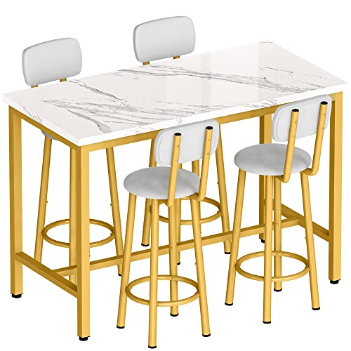 Lamerge Dining Table Set for 4 Bar Table and Chairs Set Faux Marble Counter Height Dining Table Set with 4 PU Upholstered Stools Kitchen Pub Table for Kitchen, Restaurant, Space Saving, Gold and White