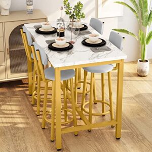 Lamerge Dining Table Set for 4 Bar Table and Chairs Set Faux Marble Counter Height Dining Table Set with 4 PU Upholstered Stools Kitchen Pub Table for Kitchen, Restaurant, Space Saving, Gold and White