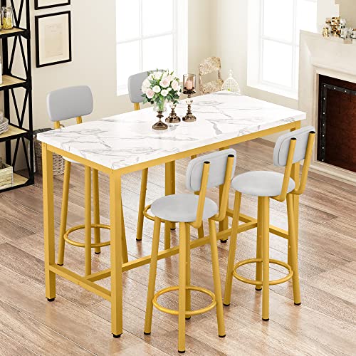 Lamerge Dining Table Set for 4 Bar Table and Chairs Set Faux Marble Counter Height Dining Table Set with 4 PU Upholstered Stools Kitchen Pub Table for Kitchen, Restaurant, Space Saving, Gold and White