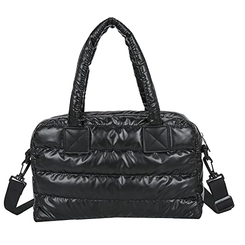 AZURAOKEY Puffer Tote Bag for Women, Quilted Cotton Padded Designer Handbag, Winter Down Padded Shoulder Bag with Adjustable Strap-Black