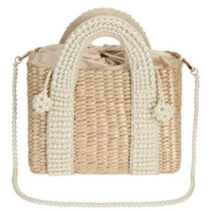 fusmic women’s handbag straw handmade artificial pearl rattan weave tote shoulder bag beige
