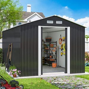 hogyme 8.5 x 13 ft large outdoor storage shed, tall metal garden sheds for bike, lawnmower, garbage can, sheds & outdoor storage for backyard patio lawn with lockable doors and air vents, deep gray