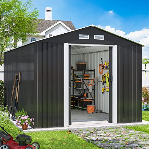 HOGYME 8.5 x 13 FT Large Outdoor Storage Shed, Tall Metal Garden Sheds for Bike, Lawnmower, Garbage Can, Sheds & Outdoor Storage for Backyard Patio Lawn with Lockable Doors and Air Vents, Deep Gray