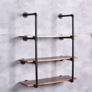 bokkolik farmhouse floating pipe shelf with 31.5inch length wood plank retro storage wall mounted book shelves 3 tier for kitchen office living room