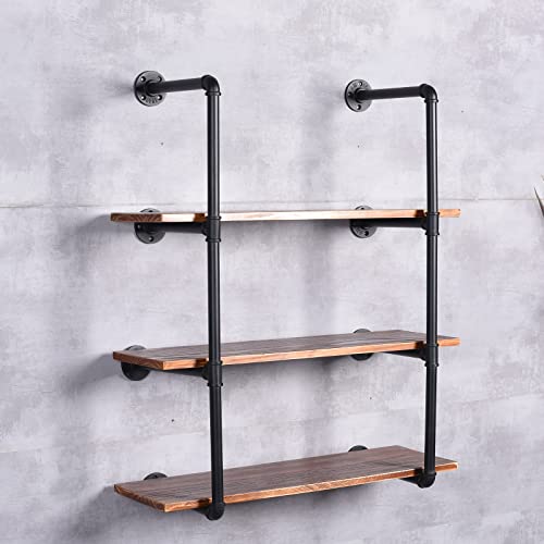 BOKKOLIK Farmhouse Floating Pipe Shelf with 31.5inch Length Wood Plank Retro Storage Wall Mounted Book Shelves 3 Tier for Kitchen Office Living Room