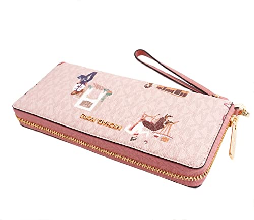 Michael Kors Jet Set Girls Large Zip Around Continental Wristlet Wallet MK Signature (Dark Powder Blush)