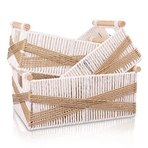 lamorée storage baskets 3 pcs paper rope woven storage bin set with natural wooden handles decorative boho wicker boxes for tabletop shelves home office nursery organizer container – brown and white