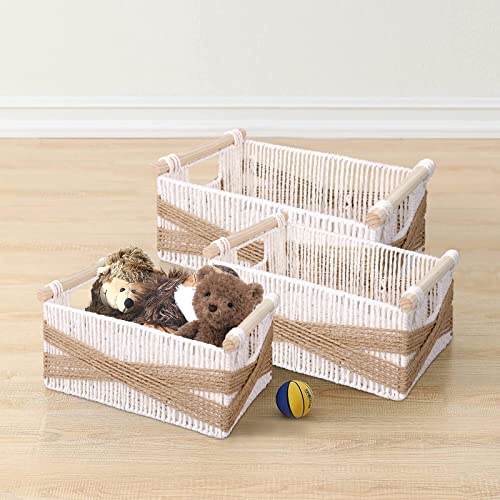 LaMorée Storage Baskets 3 PCS Paper Rope Woven Storage Bin Set with Natural Wooden Handles Decorative Boho Wicker Boxes for Tabletop Shelves Home Office Nursery Organizer Container – Brown and White