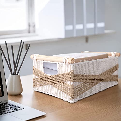 LaMorée Storage Baskets 3 PCS Paper Rope Woven Storage Bin Set with Natural Wooden Handles Decorative Boho Wicker Boxes for Tabletop Shelves Home Office Nursery Organizer Container – Brown and White