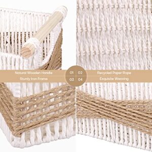 LaMorée Storage Baskets 3 PCS Paper Rope Woven Storage Bin Set with Natural Wooden Handles Decorative Boho Wicker Boxes for Tabletop Shelves Home Office Nursery Organizer Container – Brown and White