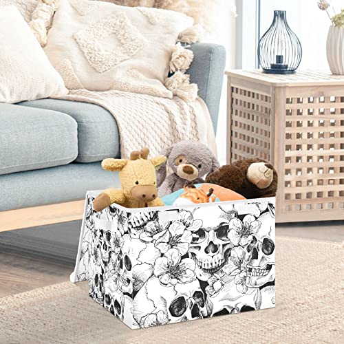 Kigai Storage Basket Abstract Skull Black White Storage Boxes with Lids and Handle, Large Storage Cube Bin Collapsible for Shelves Closet Bedroom Living Room, 16.5x12.6x11.8 In