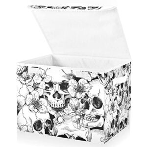 Kigai Storage Basket Abstract Skull Black White Storage Boxes with Lids and Handle, Large Storage Cube Bin Collapsible for Shelves Closet Bedroom Living Room, 16.5x12.6x11.8 In