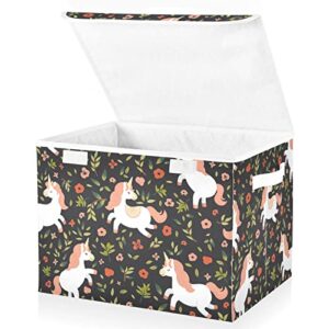 suabo cute white unicorns flowers storage bin with lid large oxford cloth storage boxes foldable home cube baskets closet organizers for nursery bedroom office