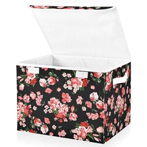 suabo red floral storage bin with lid large oxford cloth storage boxes foldable home cube baskets closet organizers for nursery bedroom office