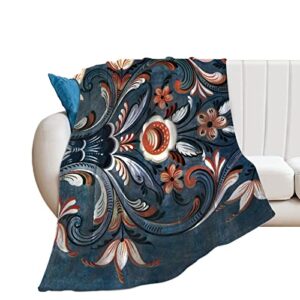 norwegian rosemaling folk style, fleece blanket ultra-soft cozy plush blanket throw blankets couch chair living room air conditioning cool blankets, 50″*60″