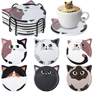 Funny Cat Coasters for Drink Cute Coasters Cat Gift for Cat Lovers Ceramic Coasters with Cork Bottom and Metal Holder for Bar Office Dining Coffee Table Desk Decor 4.25 Inch (Fun Cat Style, 6 Pcs)