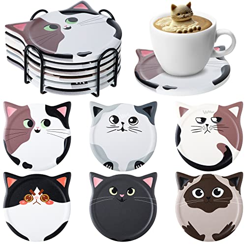 Funny Cat Coasters for Drink Cute Coasters Cat Gift for Cat Lovers Ceramic Coasters with Cork Bottom and Metal Holder for Bar Office Dining Coffee Table Desk Decor 4.25 Inch (Fun Cat Style, 6 Pcs)