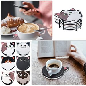Funny Cat Coasters for Drink Cute Coasters Cat Gift for Cat Lovers Ceramic Coasters with Cork Bottom and Metal Holder for Bar Office Dining Coffee Table Desk Decor 4.25 Inch (Fun Cat Style, 6 Pcs)