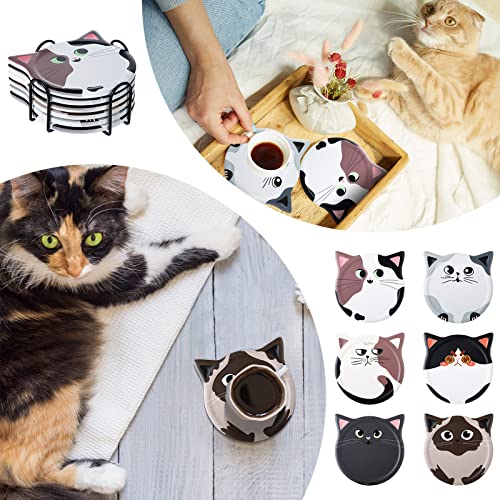 Funny Cat Coasters for Drink Cute Coasters Cat Gift for Cat Lovers Ceramic Coasters with Cork Bottom and Metal Holder for Bar Office Dining Coffee Table Desk Decor 4.25 Inch (Fun Cat Style, 6 Pcs)