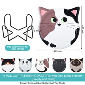 Funny Cat Coasters for Drink Cute Coasters Cat Gift for Cat Lovers Ceramic Coasters with Cork Bottom and Metal Holder for Bar Office Dining Coffee Table Desk Decor 4.25 Inch (Fun Cat Style, 6 Pcs)