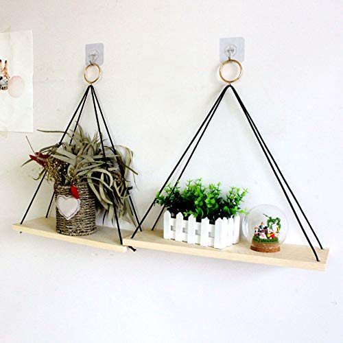 Misaso 2Pcs Floating Shelves Wood Shelves Cotton Rope Shelves for Living Room Bedroom Bathroom Kitchen (Brown)