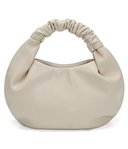 pettata chic top handle bag for women small ruched hobo handbag beige soft faux leather tote bags purse