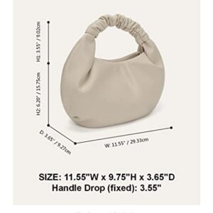 Pettata Chic Top Handle Bag for Women Small Ruched Hobo Handbag Beige Soft Faux Leather Tote Bags Purse