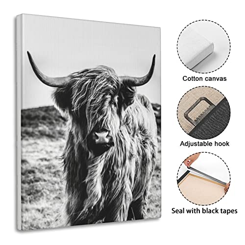 Highland Cow Wall Art with Framed Western Canvas Room Decor Black and White Living Room Bathroom Modern Painting Wall Decor Pictures for Bedroom Kitchen Cow Gifts 16x12inch