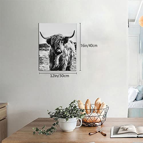 Highland Cow Wall Art with Framed Western Canvas Room Decor Black and White Living Room Bathroom Modern Painting Wall Decor Pictures for Bedroom Kitchen Cow Gifts 16x12inch