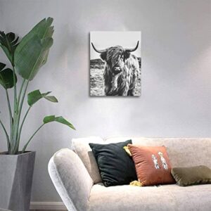 Highland Cow Wall Art with Framed Western Canvas Room Decor Black and White Living Room Bathroom Modern Painting Wall Decor Pictures for Bedroom Kitchen Cow Gifts 16x12inch